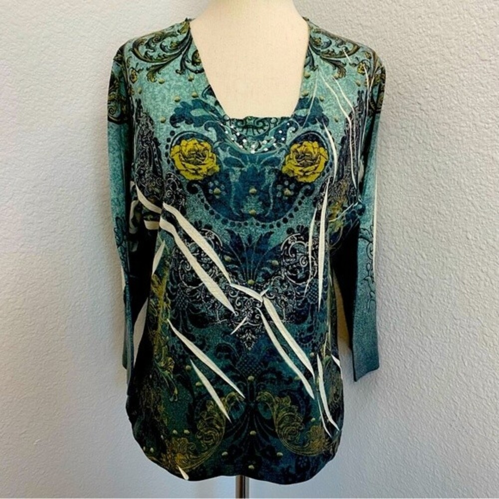 Jane Ashley Top 3/4 Sleeves Studs Bling V Neck Blue Green Floral Paisley Size L